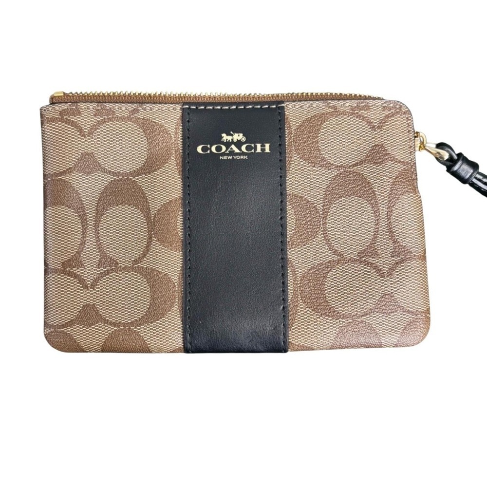 Coach Corner Zip Wristlet Signature Canvas Varsity Stripe Khaki Black Brown